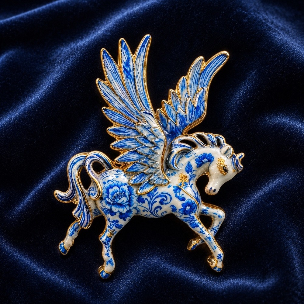 Blue White Pegasus Horse Brooch Gold Tone Fantasy Winged Unicorn Style Pin